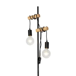 QAZQA Stehlampen|Wohnzimmerlampen*Land Stehlampe schwarz mit Holz 2-Licht - Dami