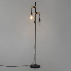 QAZQA Stehlampen|Wohnzimmerlampen*Land Stehlampe schwarz mit Holz 2-Licht - Dami