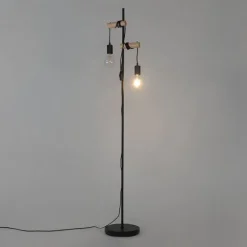 QAZQA Stehlampen|Wohnzimmerlampen*Land Stehlampe schwarz mit Holz 2-Licht - Dami
