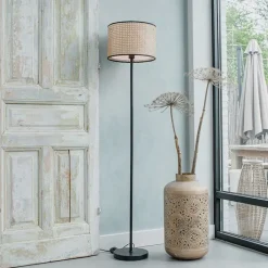 QAZQA Stehlampen|Wohnzimmerlampen*Land Stehlampe schwarz mit Rattanschirm - Kata