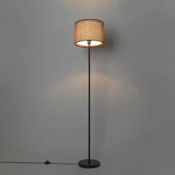 QAZQA Stehlampen|Wohnzimmerlampen*Land Stehlampe schwarz mit Rattanschirm - Kata