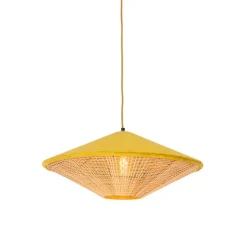 QAZQA Pendelleuchten|Wohnzimmerlampen*Landhaus-Pendelleuchte Gelb Samt mit Rattan 60cm - Frills Can