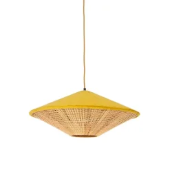 QAZQA Pendelleuchten|Wohnzimmerlampen*Landhaus-Pendelleuchte Gelb Samt mit Rattan 60cm - Frills Can