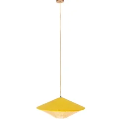 QAZQA Pendelleuchten|Wohnzimmerlampen*Landhaus-Pendelleuchte Gelb Samt mit Rattan 60cm - Frills Can