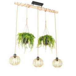 QAZQA Pendelleuchten|Wohnzimmerlampen*Ländliche Hängelampe Gold mit Holz 3 Lichter - Yura