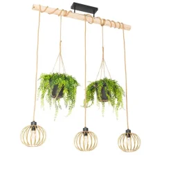 QAZQA Pendelleuchten|Wohnzimmerlampen*Ländliche Hängelampe Gold mit Holz 3 Lichter - Yura