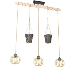 QAZQA Pendelleuchten|Wohnzimmerlampen*Ländliche Hängelampe Gold mit Holz 3 Lichter - Yura