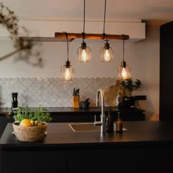 QAZQA Schlafzimmerlampen|Küchenlampen*Ländliche Hängelampe schwarz mit Holz 4-flammig - Stronk
