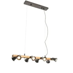 QAZQA Pendelleuchten|Wohnzimmerlampen*Ländliche Hängelampe schwarz mit Holz 8 Lichter - Jelle