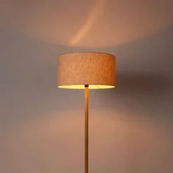 QAZQA Schlafzimmerlampen|Esszimmerlampen*Ländliche Stehlampe Holz mit hellbraunem Schirm - Mels