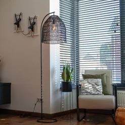 QAZQA Stehlampen|Esszimmerlampen*Ländliche Stehlampe schwarz mit Rattan - Sam