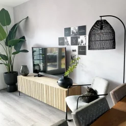 QAZQA Stehlampen|Esszimmerlampen*Ländliche Stehlampe schwarz mit Rattan - Sam