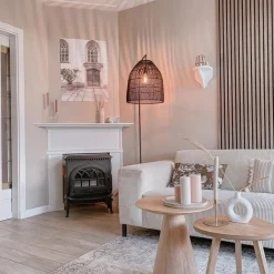 QAZQA Stehlampen|Esszimmerlampen*Ländliche Stehlampe schwarz mit Rattan - Sam