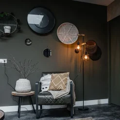 QAZQA Schlafzimmerlampen|Esszimmerlampen*Ländliche Stehlampe schwarz mit Holz 2-flammig - Stronk