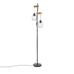 QAZQA Schlafzimmerlampen|Esszimmerlampen*Ländliche Stehlampe schwarz mit Holz 2-flammig - Stronk