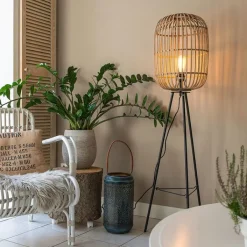 QAZQA Stehlampen|Esszimmerlampen*Ländliche Stehleuchte schwarz mit Rattan - Manila