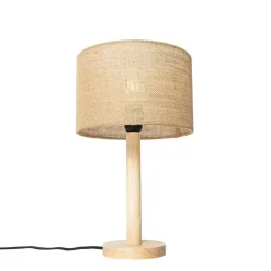 QAZQA Tischlampen|Wohnzimmerlampen*Ländliche Tischlampe Holz mit Leinenschirm natur 25 cm - Mels