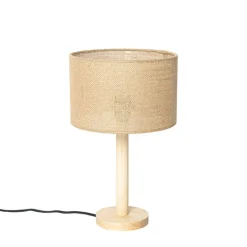 QAZQA Tischlampen|Wohnzimmerlampen*Ländliche Tischlampe Holz mit Leinenschirm natur 25 cm - Mels