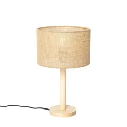 QAZQA Tischlampen|Wohnzimmerlampen*Ländliche Tischlampe Holz mit Leinenschirm natur 25 cm - Mels