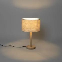 QAZQA Tischlampen|Wohnzimmerlampen*Ländliche Tischlampe Holz mit Leinenschirm beige 25 cm - Mels
