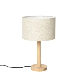 QAZQA Tischlampen|Wohnzimmerlampen*Ländliche Tischlampe Holz mit Leinenschirm beige 25 cm - Mels