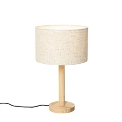 QAZQA Tischlampen|Wohnzimmerlampen*Ländliche Tischlampe Holz mit Leinenschirm beige 25 cm - Mels
