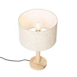 QAZQA Tischlampen|Wohnzimmerlampen*Ländliche Tischlampe Holz mit Leinenschirm beige 25 cm - Mels