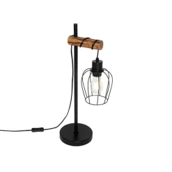 QAZQA Tischlampen|Wohnzimmerlampen*Ländliche Tischlampe schwarz mit Holz - Stronk