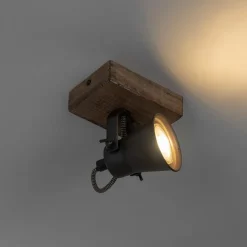 QAZQA Wandstrahler|Deckenstrahler*Ländlicher Fleck schwarz mit Holz - Jelle