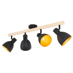 QAZQA Deckenstrahler|Aufbaustrahler*Ländlicher Spot schwarz mit Holz 4-flammig – Flint