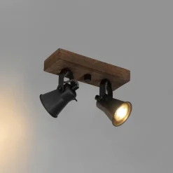 QAZQA Deckenstrahler|Aufbaustrahler*Ländlicher Strahler schwarz mit Holz 2-flammig verstellbar - Jelle