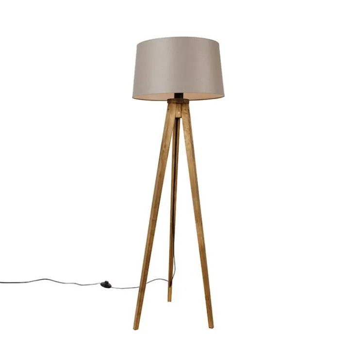 QAZQA Schlafzimmerlampen|Esszimmerlampen*Ländliches Stativ Vintage Holz mit Leinenschirm Taupe 45 cm - Tripod Classic