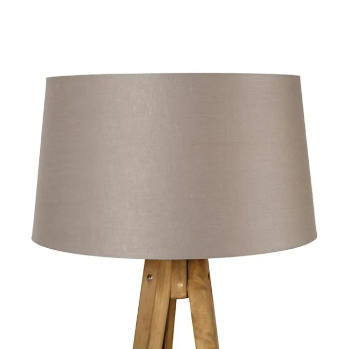 QAZQA Schlafzimmerlampen|Esszimmerlampen*Ländliches Stativ Vintage Holz mit Leinenschirm Taupe 45 cm - Tripod Classic