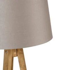 QAZQA Schlafzimmerlampen|Esszimmerlampen*Ländliches Stativ Vintage Holz mit Leinenschirm Taupe 45 cm - Tripod Classic