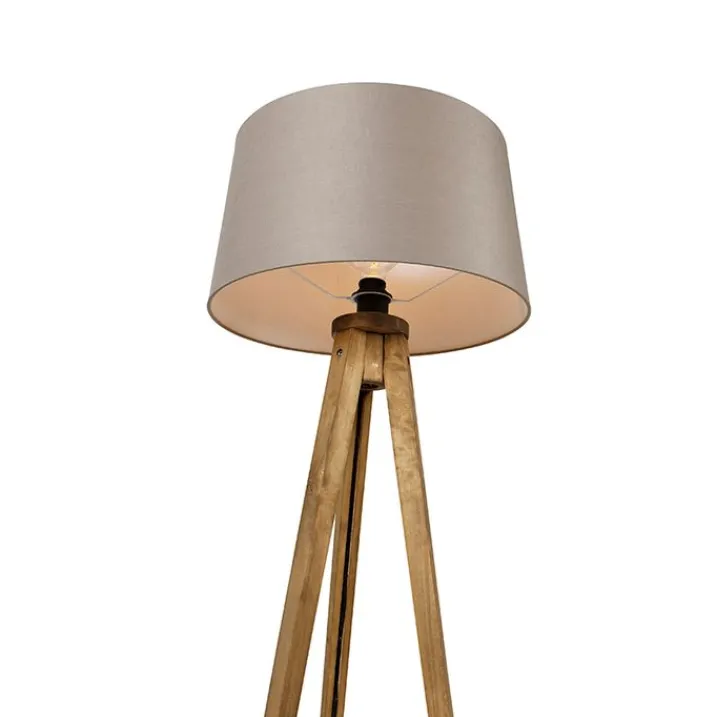 QAZQA Schlafzimmerlampen|Esszimmerlampen*Ländliches Stativ Vintage Holz mit Leinenschirm Taupe 45 cm - Tripod Classic