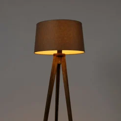 QAZQA Schlafzimmerlampen|Esszimmerlampen*Ländliches Stativ Vintage Holz mit Leinenschirm Taupe 45 cm - Tripod Classic
