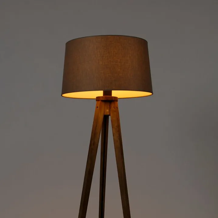 QAZQA Schlafzimmerlampen|Esszimmerlampen*Ländliches Stativ Vintage Holz mit Leinenschirm Taupe 45 cm - Tripod Classic