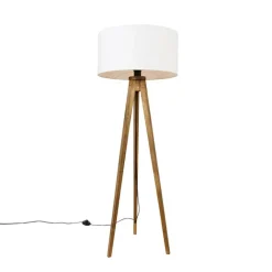 QAZQA Stehlampen|Wohnzimmerlampen*Ländliches Stativ Vintage Holz mit weißem Schirm 50 cm - Tripod Classic