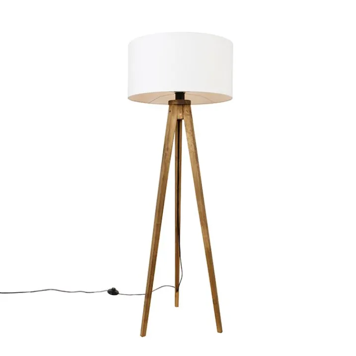 QAZQA Stehlampen|Wohnzimmerlampen*Ländliches Stativ Vintage Holz mit weißem Schirm 50 cm - Tripod Classic