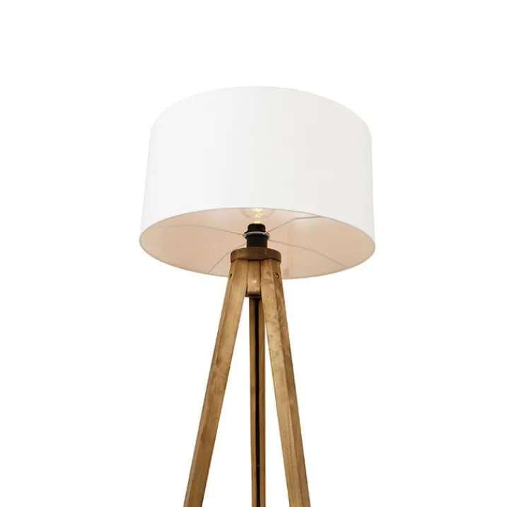 QAZQA Stehlampen|Wohnzimmerlampen*Ländliches Stativ Vintage Holz mit weißem Schirm 50 cm - Tripod Classic