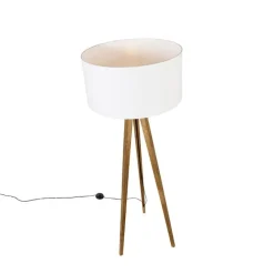 QAZQA Stehlampen|Wohnzimmerlampen*Ländliches Stativ Vintage Holz mit weißem Schirm 50 cm - Tripod Classic