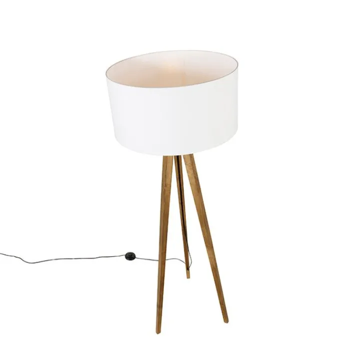 QAZQA Stehlampen|Wohnzimmerlampen*Ländliches Stativ Vintage Holz mit weißem Schirm 50 cm - Tripod Classic