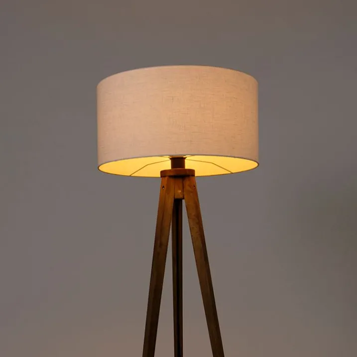 QAZQA Stehlampen|Wohnzimmerlampen*Ländliches Stativ Vintage Holz mit weißem Schirm 50 cm - Tripod Classic