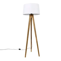 QAZQA Schlafzimmerlampen|Esszimmerlampen*Ländliches Stativ Vintage Holz mit Leinenschirm weiß 45 cm - Tripod Classic