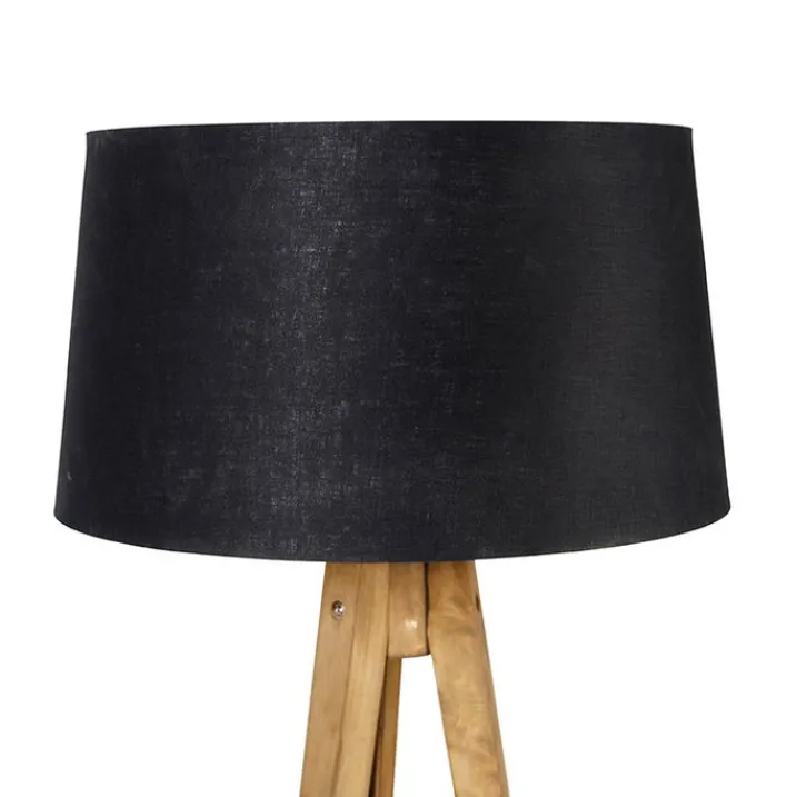 QAZQA Schlafzimmerlampen|Esszimmerlampen*Ländliches Stativ Vintage Holz mit schwarzem Leinenschirm 45 cm - Tripod Classic