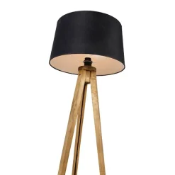 QAZQA Schlafzimmerlampen|Esszimmerlampen*Ländliches Stativ Vintage Holz mit schwarzem Leinenschirm 45 cm - Tripod Classic