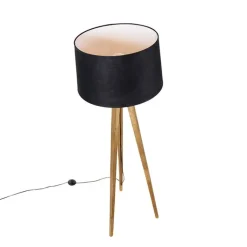 QAZQA Schlafzimmerlampen|Esszimmerlampen*Ländliches Stativ Vintage Holz mit schwarzem Leinenschirm 45 cm - Tripod Classic