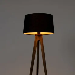 QAZQA Schlafzimmerlampen|Esszimmerlampen*Ländliches Stativ Vintage Holz mit schwarzem Leinenschirm 45 cm - Tripod Classic