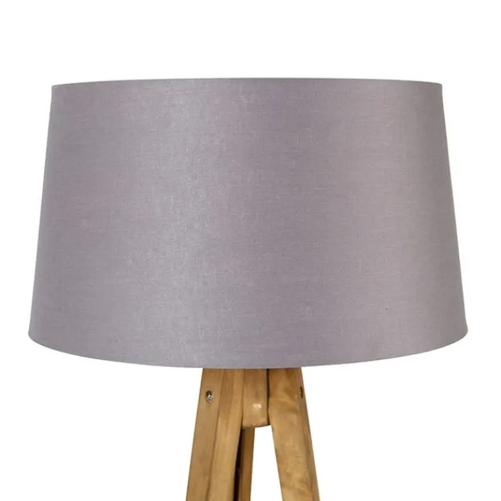 QAZQA Stehlampen|Wohnzimmerlampen*Ländliches Stativ Vintage Holz mit Leinenschirm dunkelgrau 45 cm - Tripod Classic