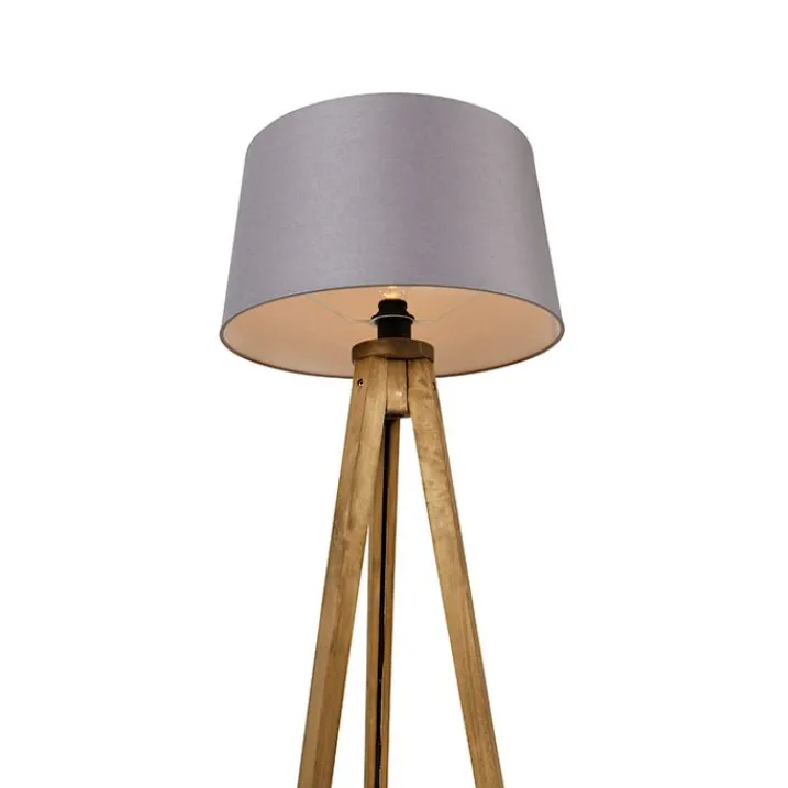 QAZQA Stehlampen|Wohnzimmerlampen*Ländliches Stativ Vintage Holz mit Leinenschirm dunkelgrau 45 cm - Tripod Classic
